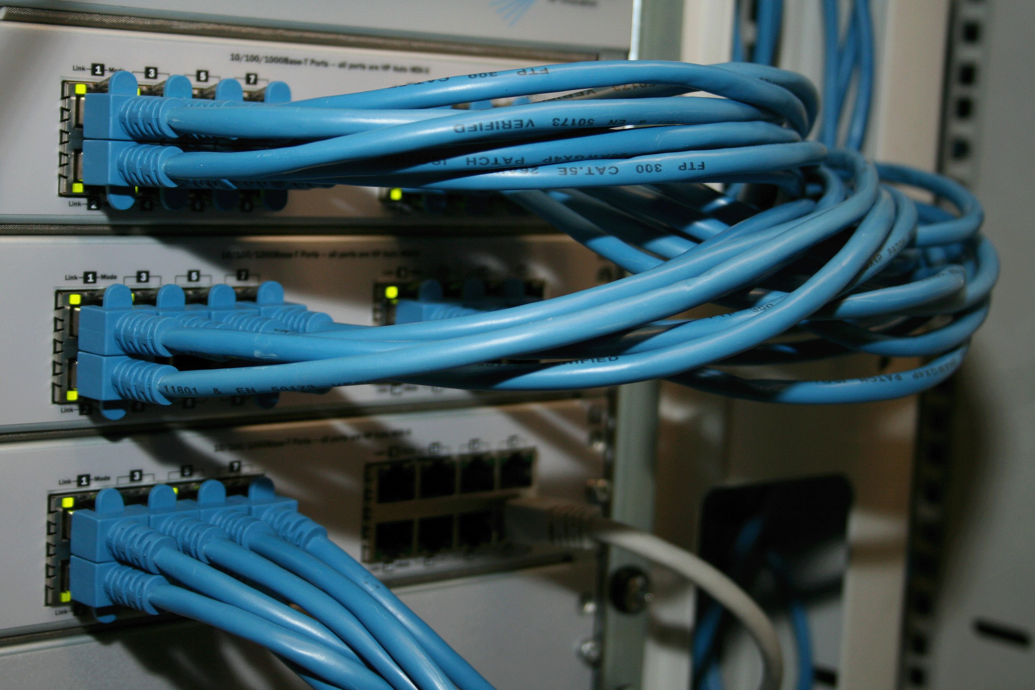 Stacked network switches with tidy blue patch leads for a fixed line